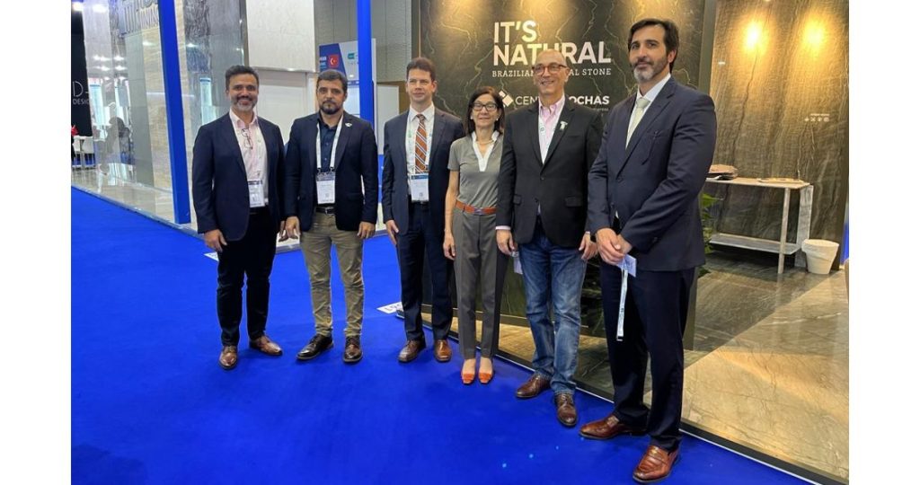 Stone industry in Brazil promotes materials at an “art gallery” stand in Dubai